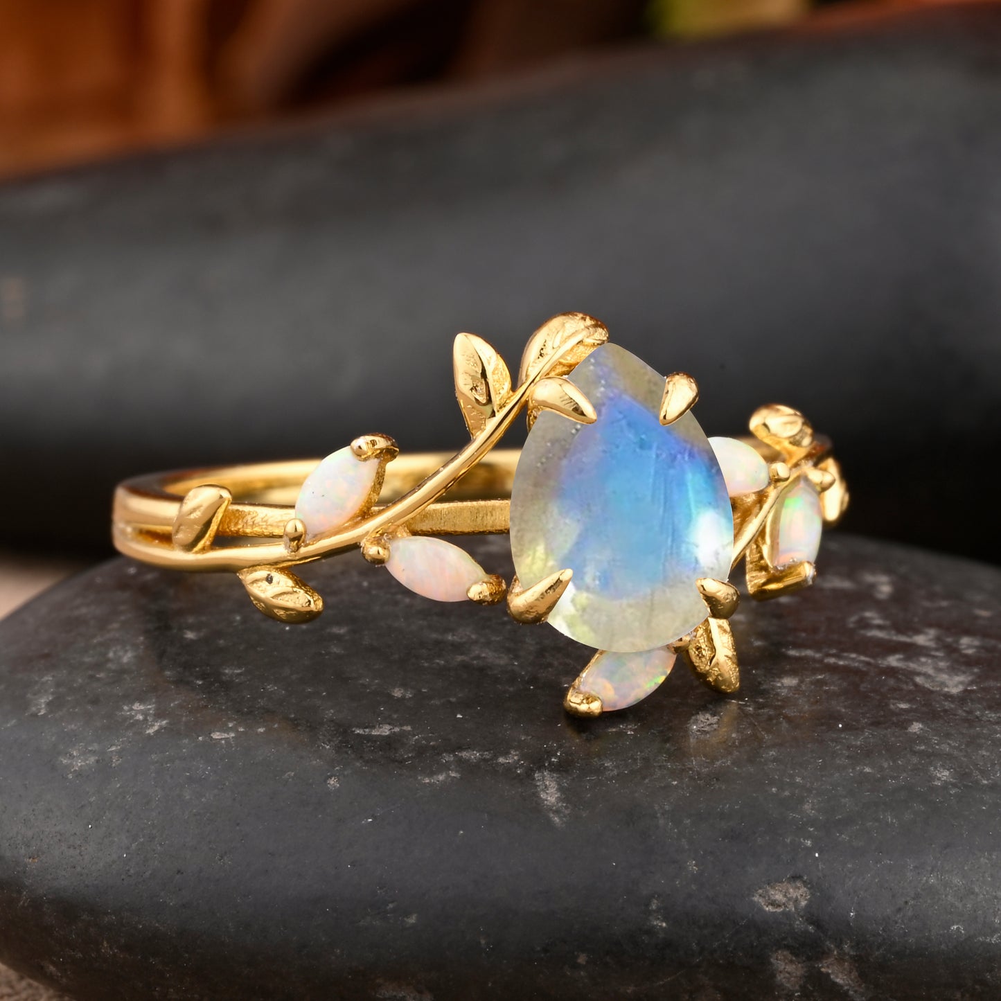 Unique Pear Cut Moonstone Engagement Women Ring Vintage Rose Gold Art Deco Cluster Leaf Nature Inspired Bridal Wedding Ring