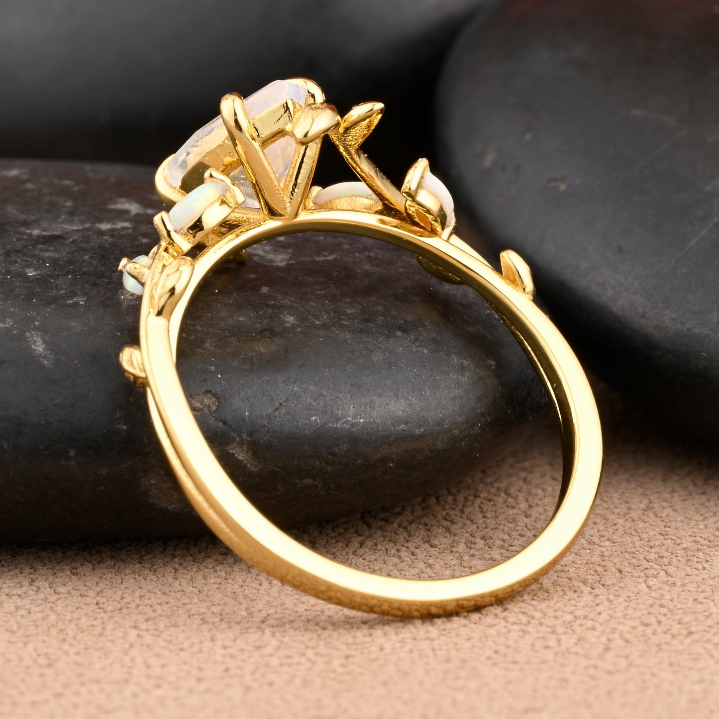 Unique Pear Cut Moonstone Engagement Women Ring Vintage Rose Gold Art Deco Cluster Leaf Nature Inspired Bridal Wedding Ring
