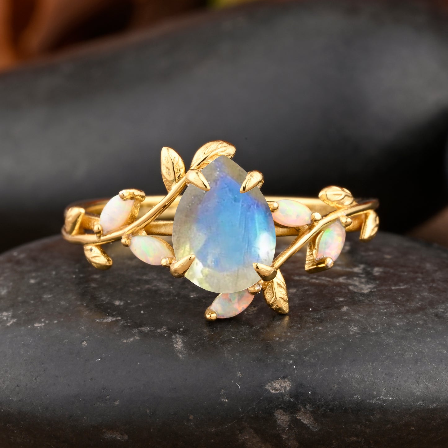 Unique Pear Cut Moonstone Engagement Women Ring Vintage Rose Gold Art Deco Cluster Leaf Nature Inspired Bridal Wedding Ring