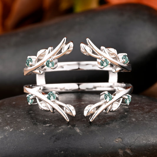 Antique Moss Agate Leaf Branch Ring Curved Enhancer Open Wedding Band Vintage Stacking Band Unique Matching Ring Promise Anniversary Ring