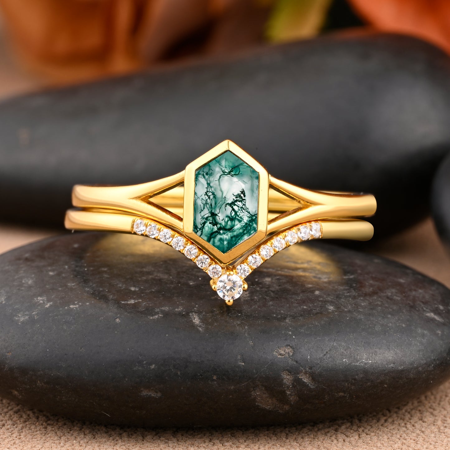 Unique Long Hexagon Cut Natural Moss Agate Solitaire Ring Vintage 14k Rose Gold Green Agate Engagement Ring Art Deco Custom Jewelry Gift