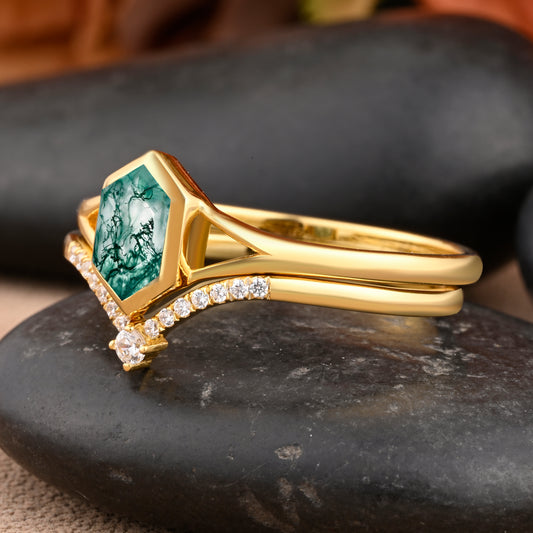 Unique Long Hexagon Cut Natural Moss Agate Solitaire Ring Vintage 14k Rose Gold Green Agate Engagement Ring Art Deco Custom Jewelry Gift