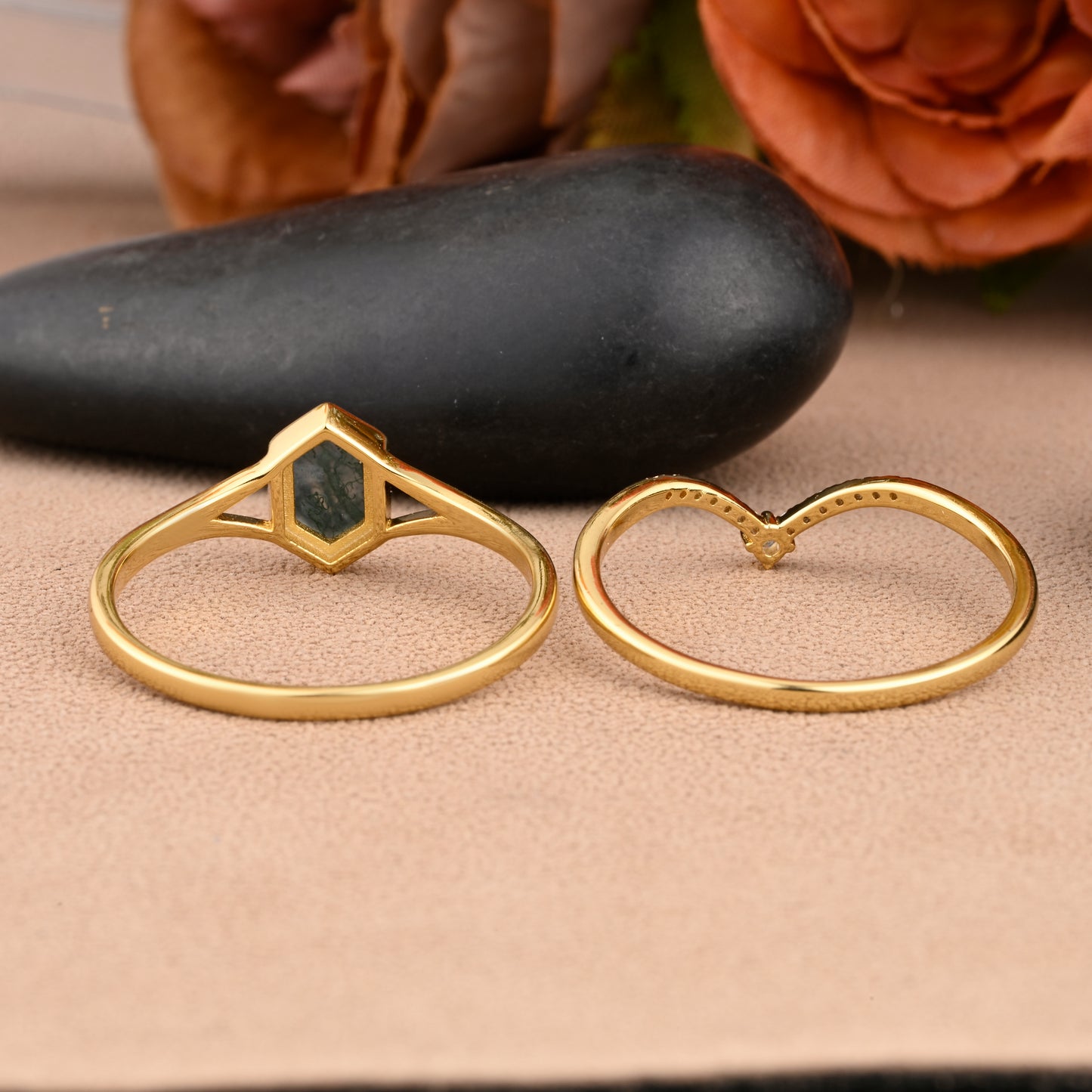 Unique Long Hexagon Cut Natural Moss Agate Solitaire Ring Vintage 14k Rose Gold Green Agate Engagement Ring Art Deco Custom Jewelry Gift