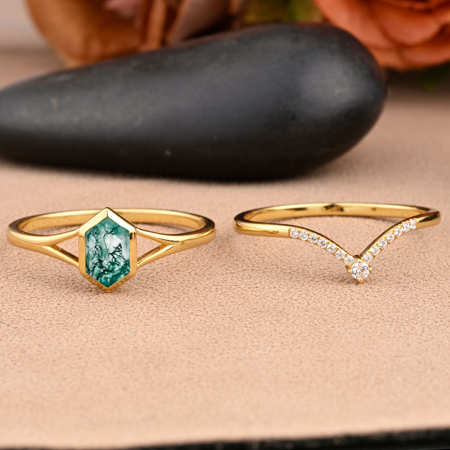 Unique Long Hexagon Cut Natural Moss Agate Solitaire Ring Vintage 14k Rose Gold Green Agate Engagement Ring Art Deco Custom Jewelry Gift