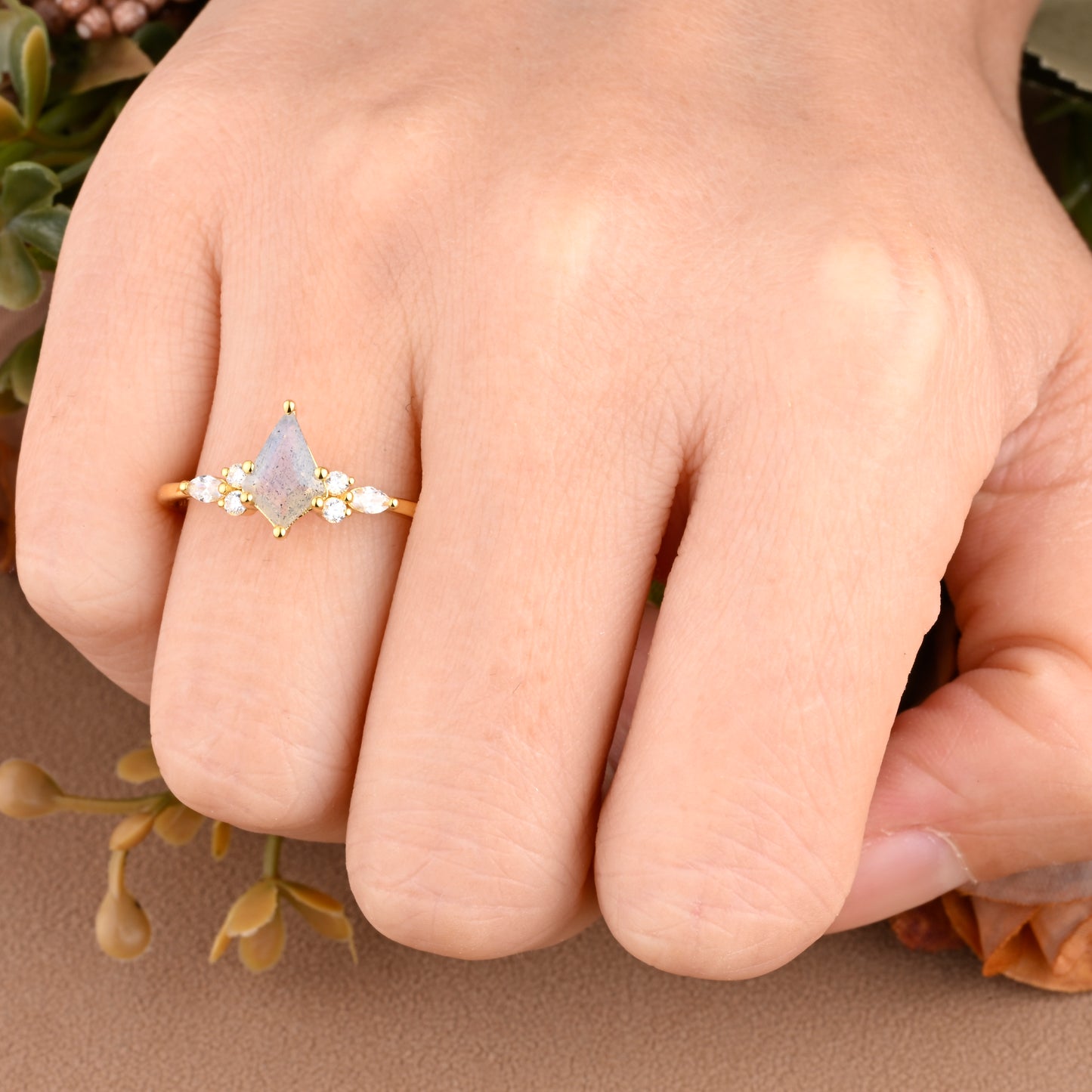 Kite Cut Labradorite Engagement Ring Art Deco Ring Rose Gold Woman Labradorite Promise Ring For Her Unique Diamond Wedding Ring