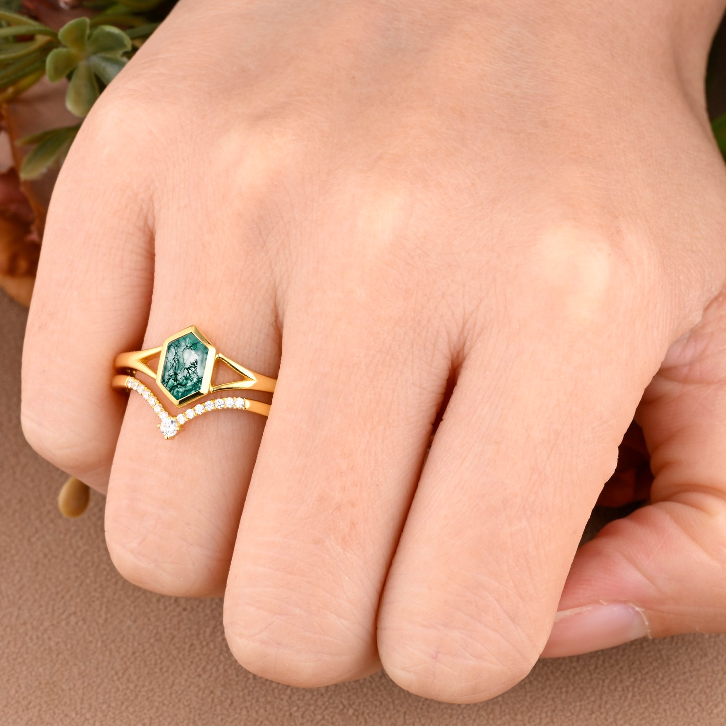 Unique Long Hexagon Cut Natural Moss Agate Solitaire Ring Vintage 14k Rose Gold Green Agate Engagement Ring Art Deco Custom Jewelry Gift