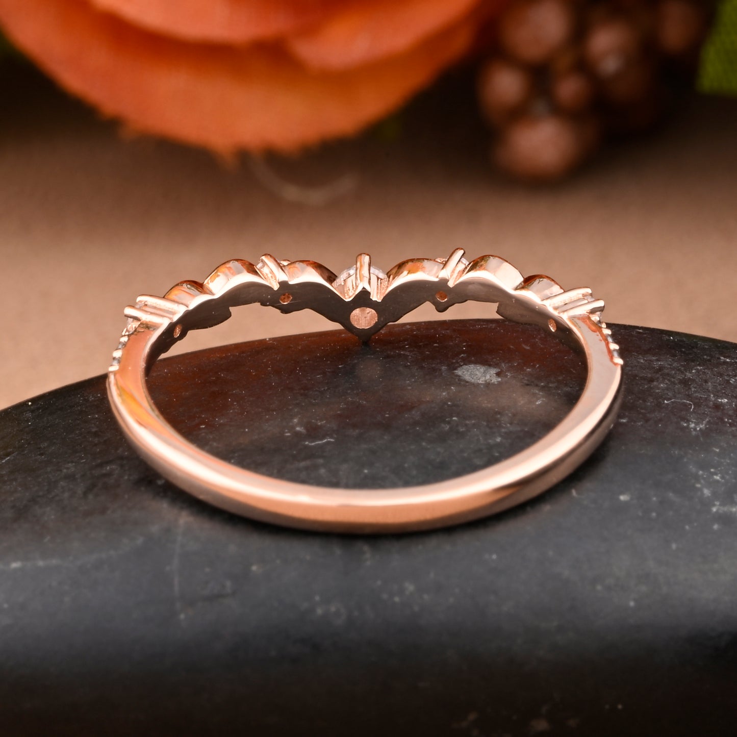 Marquise cut Moissanite Floral Curved Wedding Band Solid Gold Vintage Moissanite Wedding Band Dainty Promise