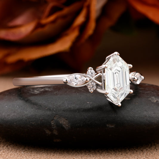 Vintage Moissanite Engagement Ring Hexagon Shape Anniversary Ring Solid Gold Solitaire Unique Moissanite Ring for Women