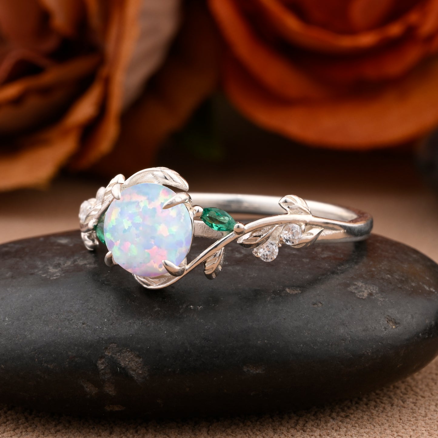 Bague de fiançailles vintage ovale en pierre de lune, bague de promesse unique en opale et moissanite
