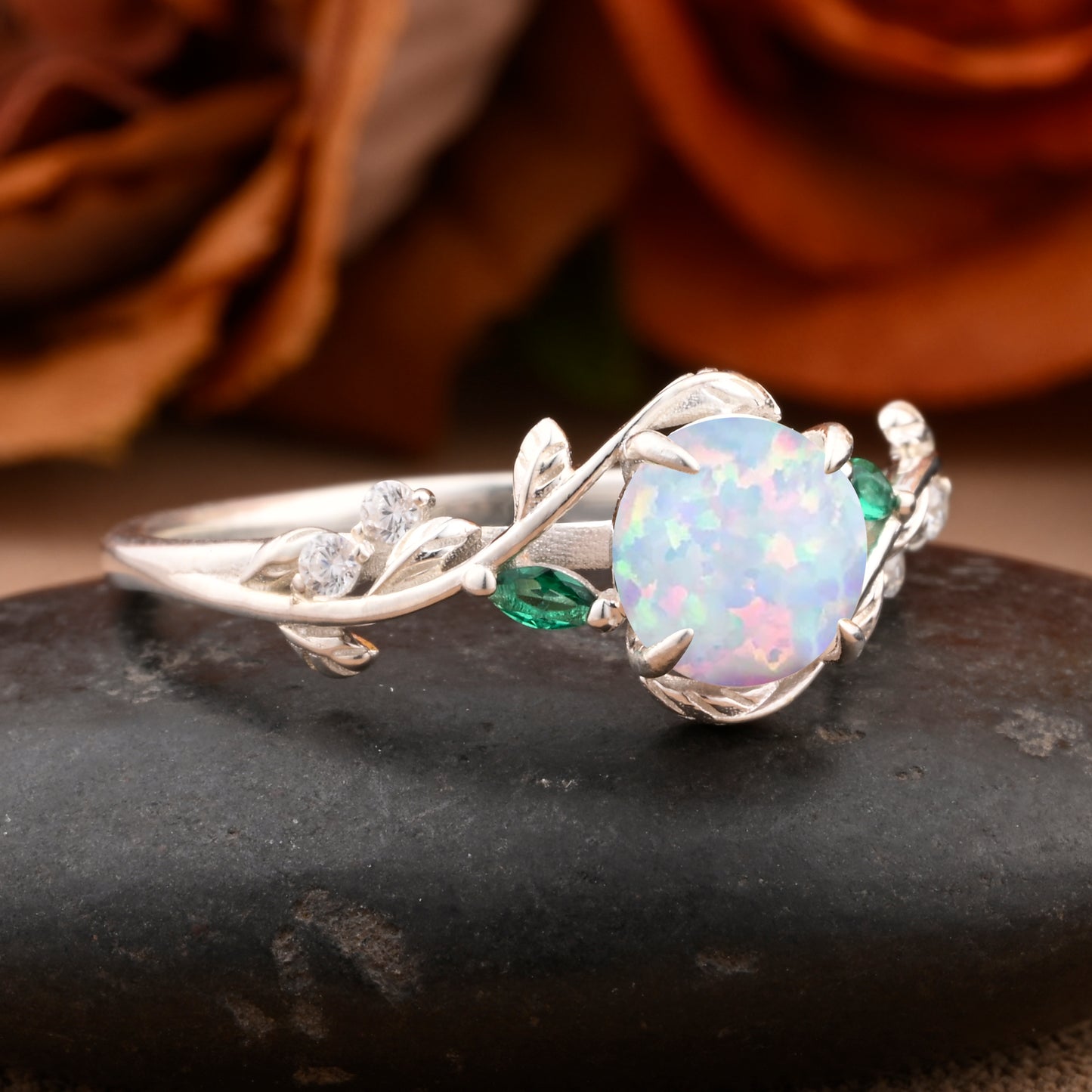 Bague de fiançailles vintage ovale en pierre de lune, bague de promesse unique en opale et moissanite