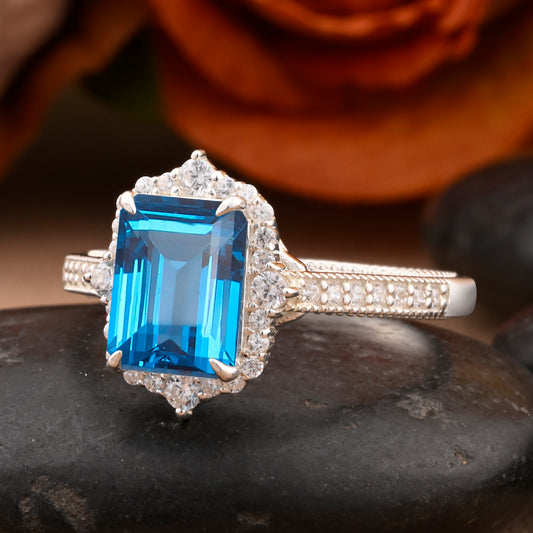 Blue Topaz Emerald Cut Ring Art Deco Handmade Octagon Gemstone Engagement Ring Personalized Jewelry Gift