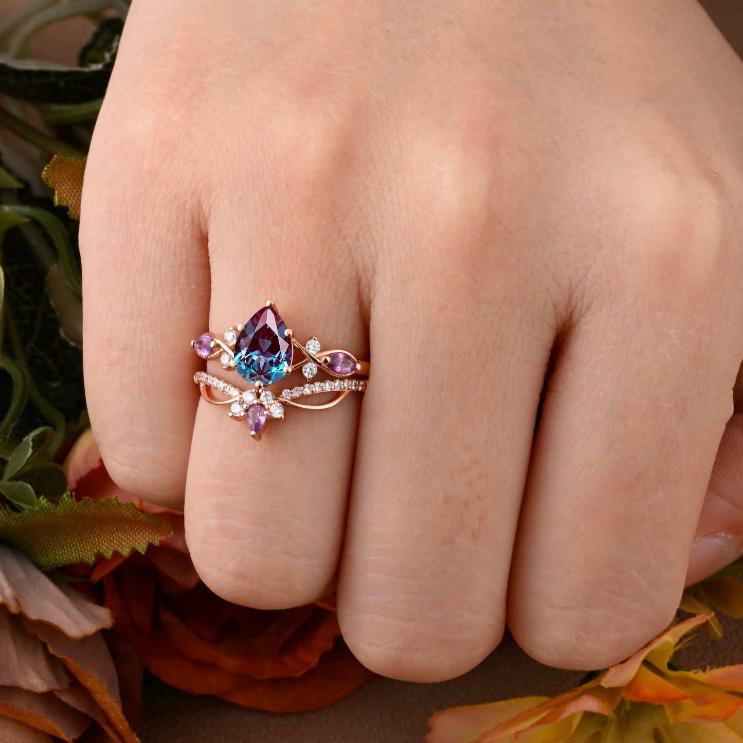Vintage Pear Shape Alexandrite Engagement Ring Set Unique Alexandrite Gemstone Promise Bridal Ring Set Anniversary Gift