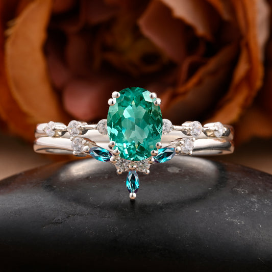 Vintage Oval Shape Tsavorite Enhancer Ring Set Unique Tsavorite Gemstone Promise Bridal Ring Set