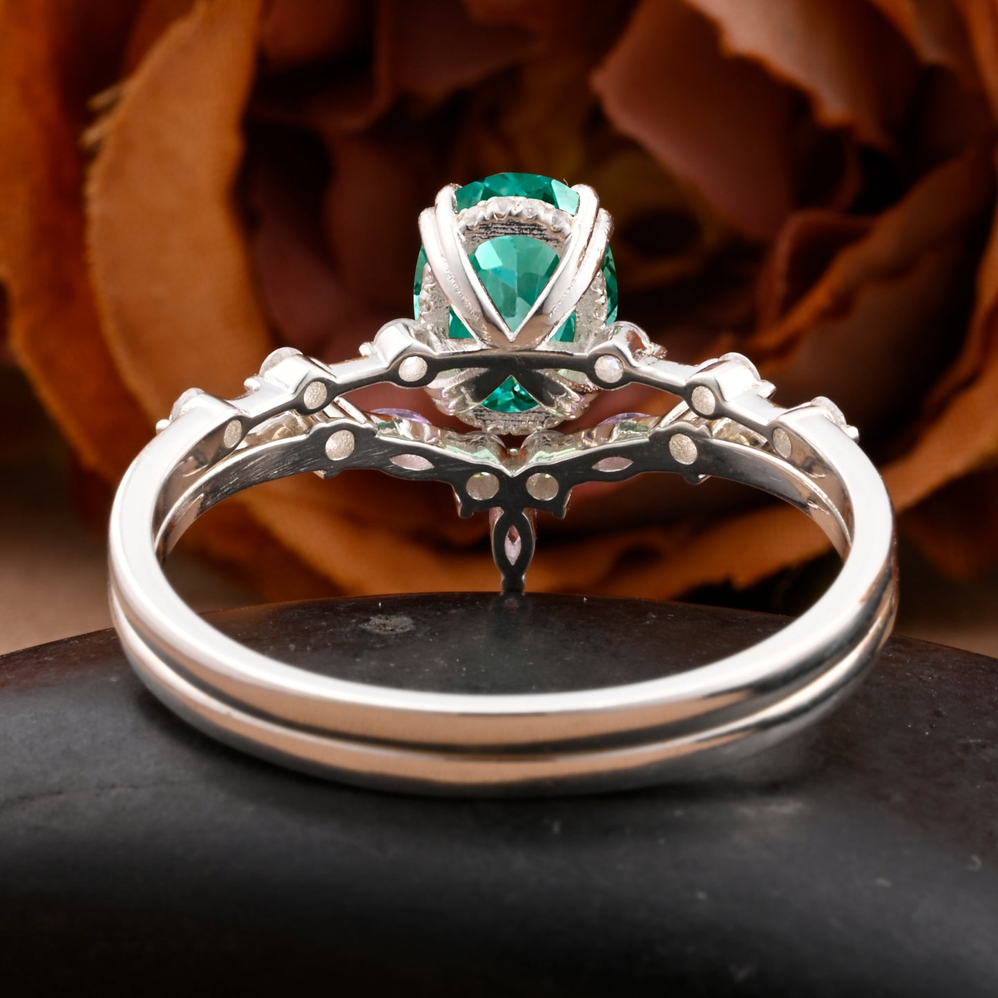 Vintage Oval Shape Tsavorite Enhancer Ring Set Unique Tsavorite Gemstone Promise Bridal Ring Set