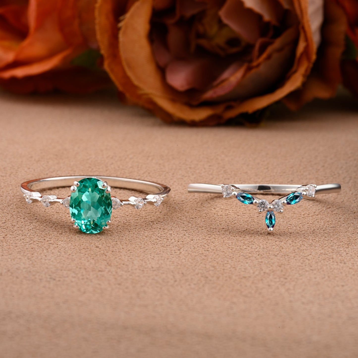 Vintage Oval Shape Tsavorite Enhancer Ring Set Unique Tsavorite Gemstone Promise Bridal Ring Set