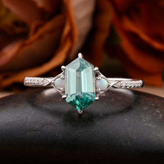 Hexagon cut tsavorite engagement ring vintage unique tsavorite moissanite ring twisted band wedding ring women bridal anniversary gift