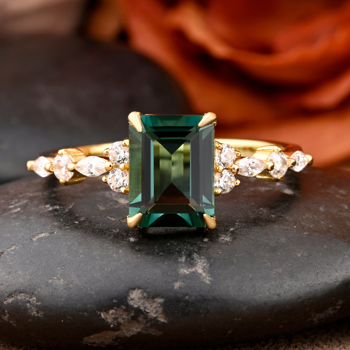 Emerald Cut Green Emerald Engagement Ring 14k Solid Yellow Gold Moissanite Cluster Ring Anniversary Gift For Her May Birthstone Promise Ring