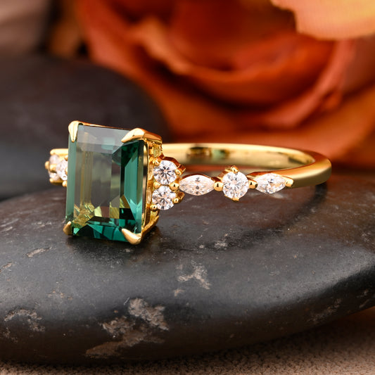 Emerald Cut Green Emerald Engagement Ring 14k Solid Yellow Gold Moissanite Cluster Ring Anniversary Gift For Her May Birthstone Promise Ring