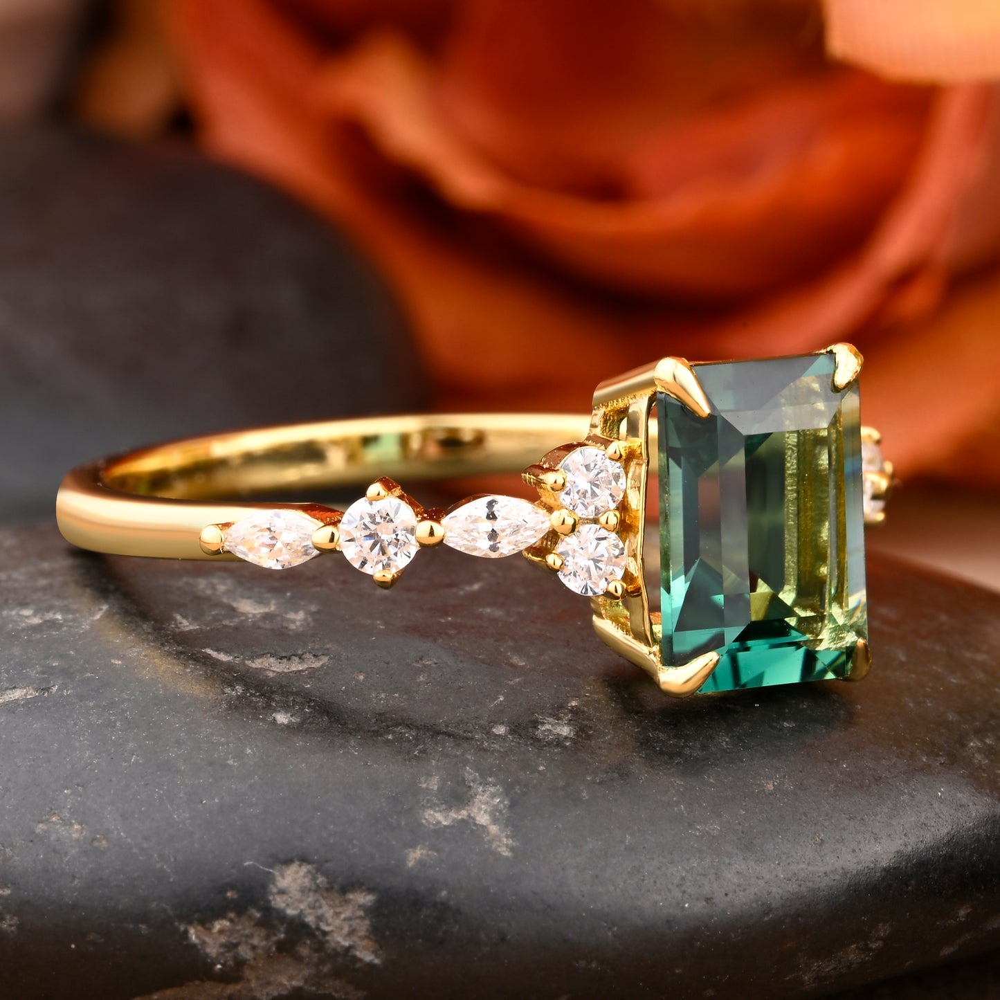 Emerald Cut Green Emerald Engagement Ring 14k Solid Yellow Gold Moissanite Cluster Ring Anniversary Gift For Her May Birthstone Promise Ring