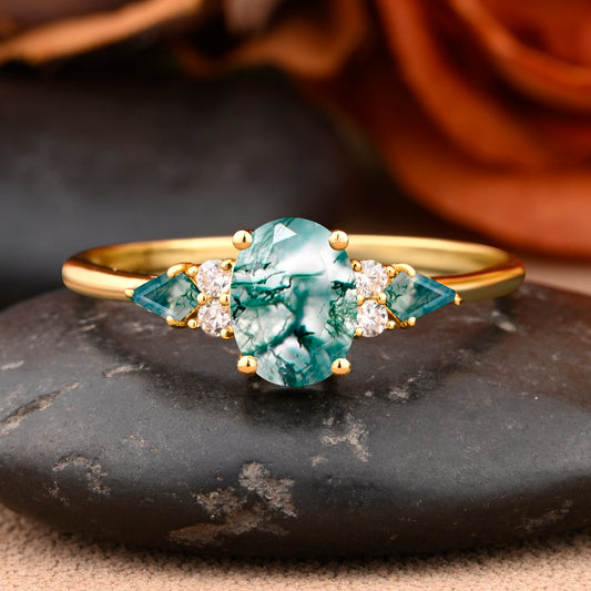 Vintage Moss Agate Engagement Ring 18K Rose Gold Oval Cut Natural Moss Agate Wedding Promise Ring Handmade Ring Anniversary Rings For Women Ver.2