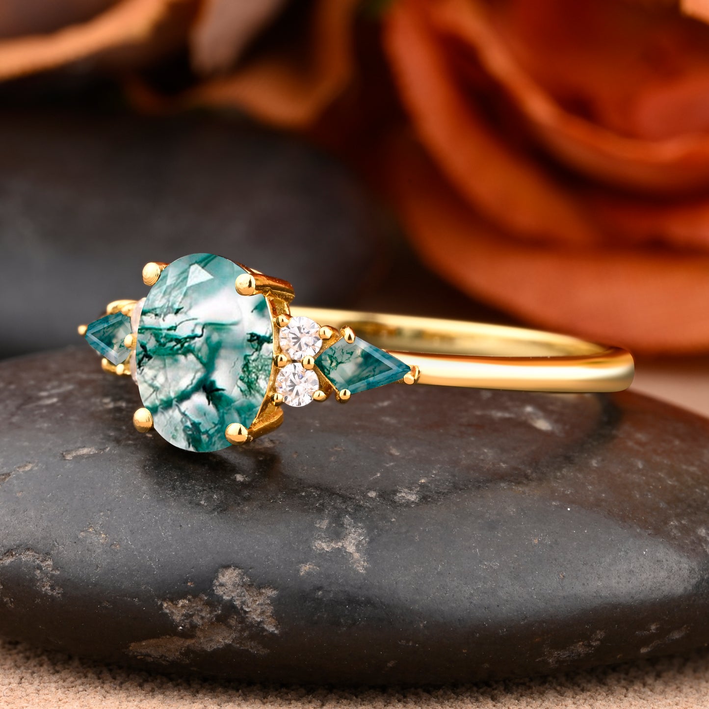 Bague de fiançailles vintage ovale en pierre de lune, bague de promesse unique en opale et moissanite