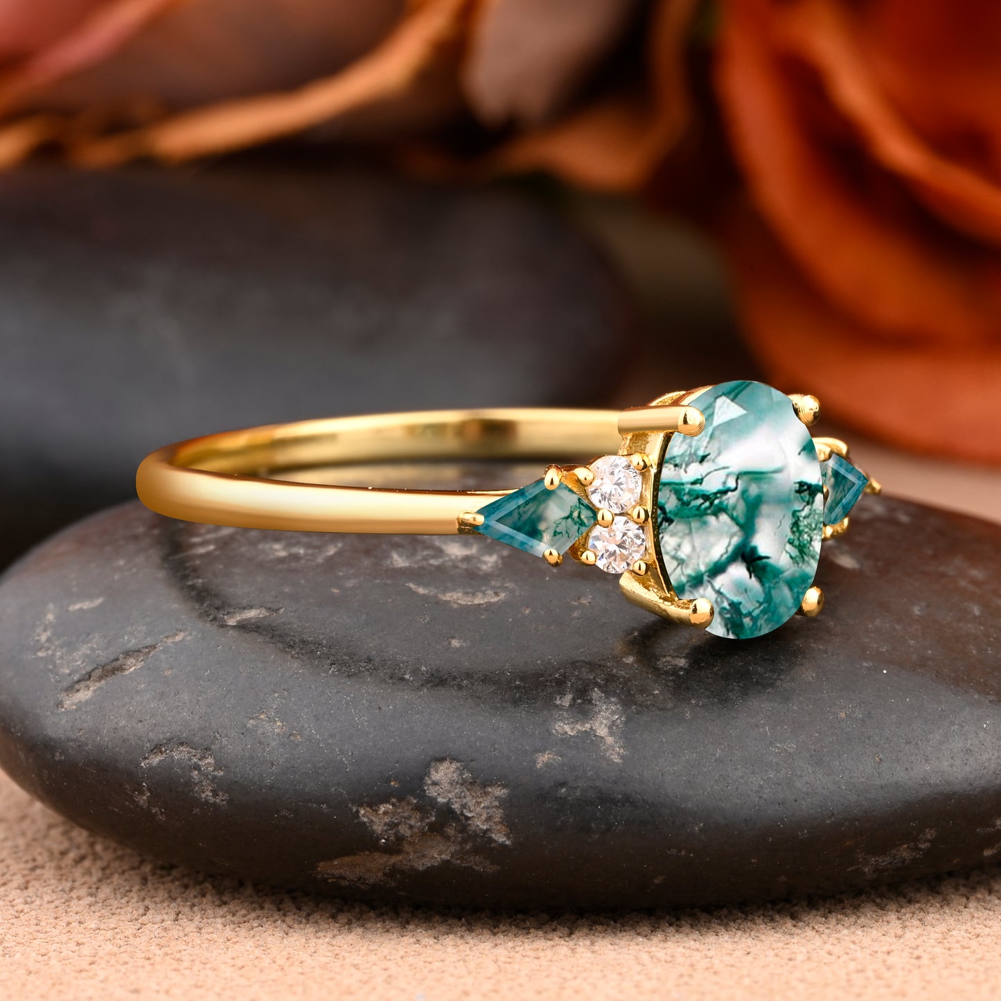Bague de fiançailles vintage ovale en pierre de lune, bague de promesse unique en opale et moissanite