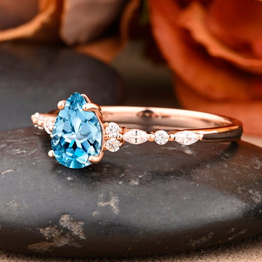 Natural Pure Aquamarine Engagement Ring Yellow Gold Pear Aquamarine Engagement Ring Hidden Halo Ring Women Solitaire Classic Promise Ring