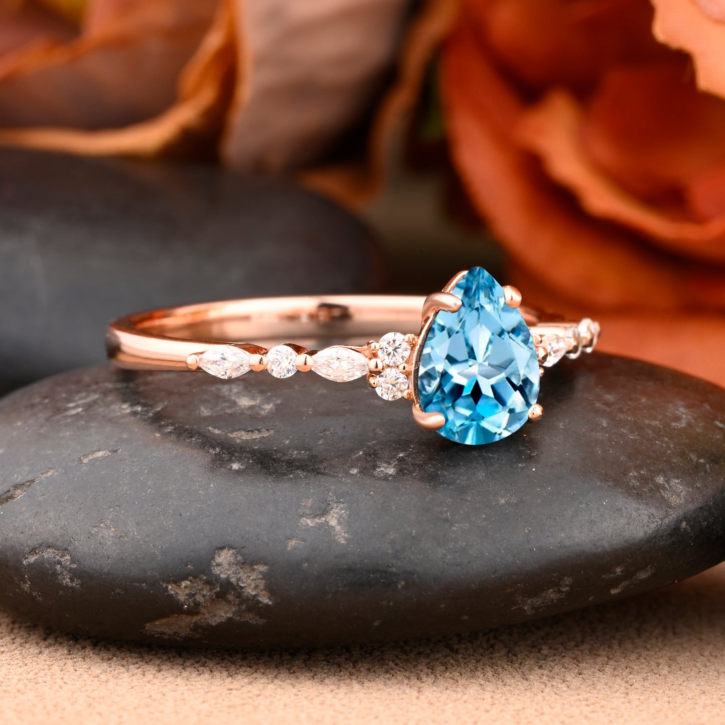 Natural Pure Aquamarine Engagement Ring Yellow Gold Pear Aquamarine Engagement Ring Hidden Halo Ring Women Solitaire Classic Promise Ring
