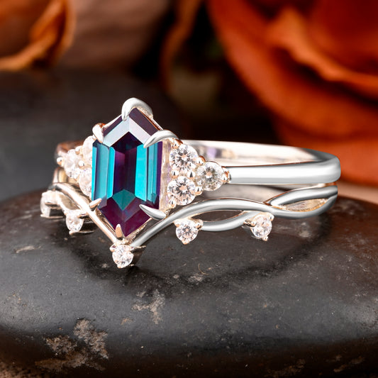 Vintage Hexagon Shape Alexandrite Engagement Ring Set Unique Alexandrite Gemstone Promise Bridal Ring Set Anniversary Gift