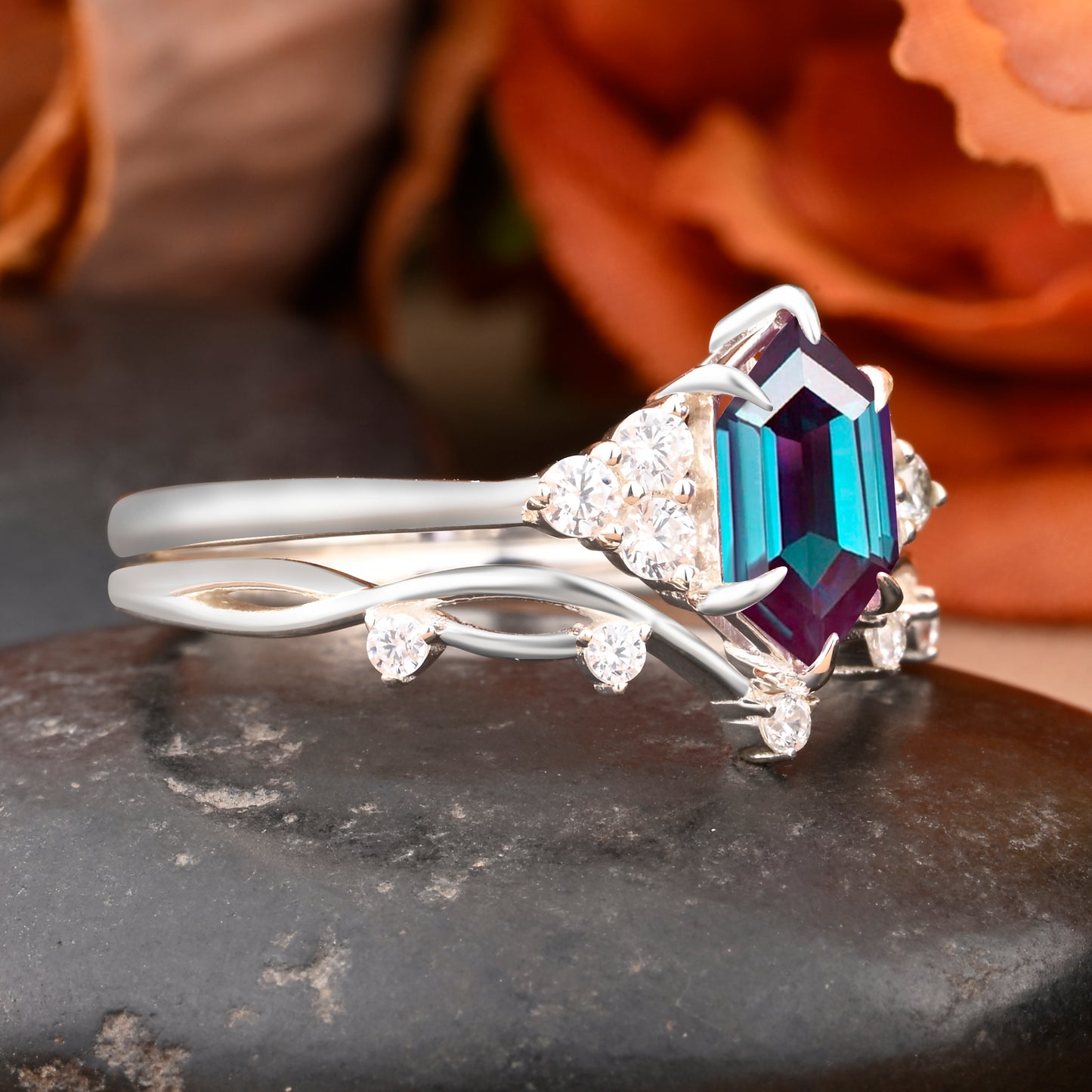 Bague de fiançailles vintage en forme de poire avec aigue-marine, ensemble de bagues de mariage uniques, cadeau d'anniversaire