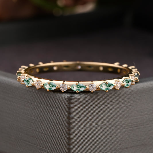 Unique Marquise Moss Agate wedding band Rose gold moissanite wedding band women full eternity matching stacking ring Anniversary gift for her