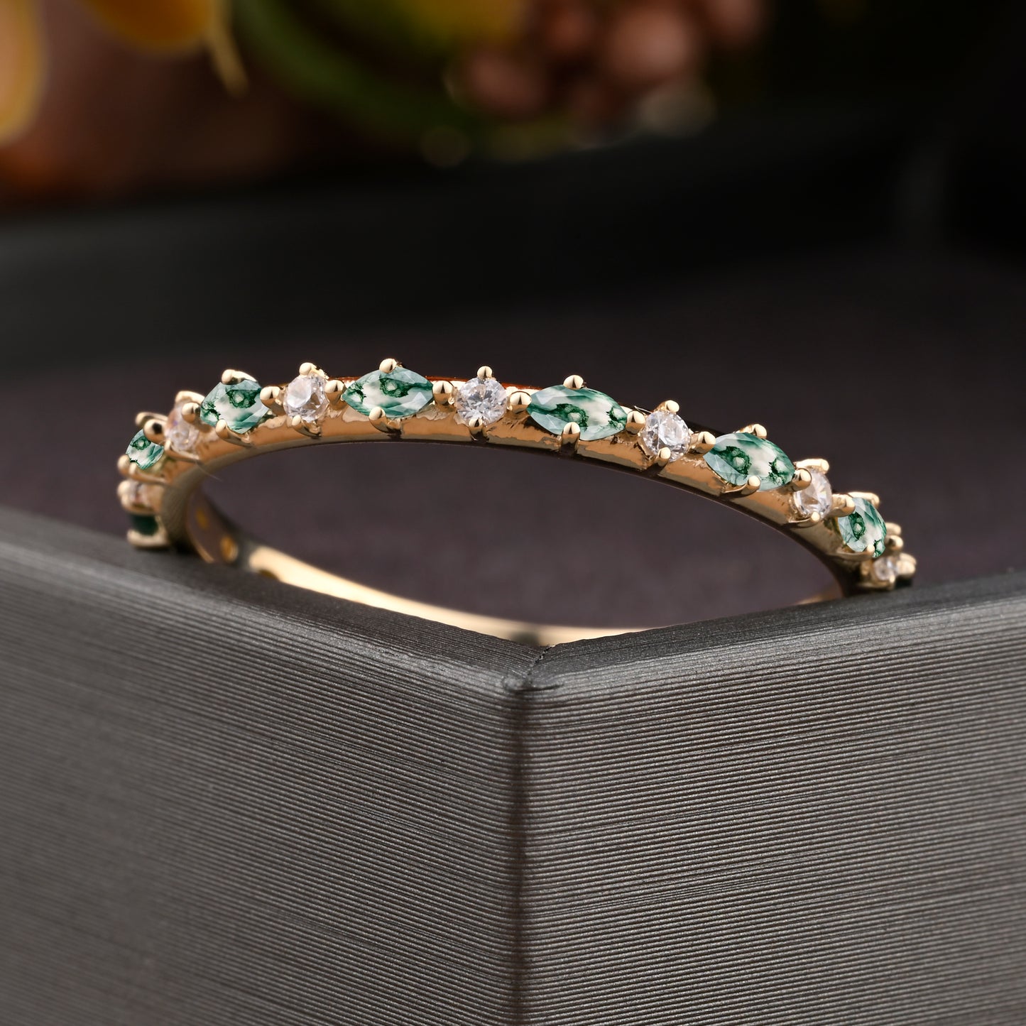 Unique Marquise Moss Agate wedding band Rose gold moissanite wedding band women full eternity matching stacking ring Anniversary gift for her