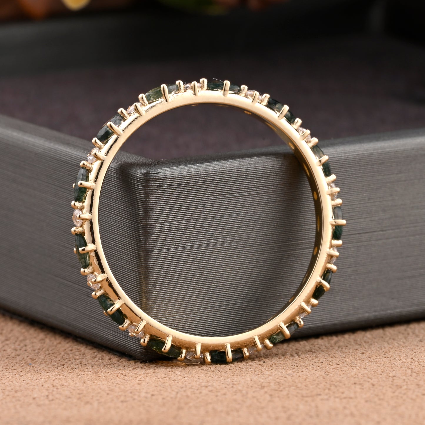 Unique Marquise Moss Agate wedding band Rose gold moissanite wedding band women full eternity matching stacking ring Anniversary gift for her
