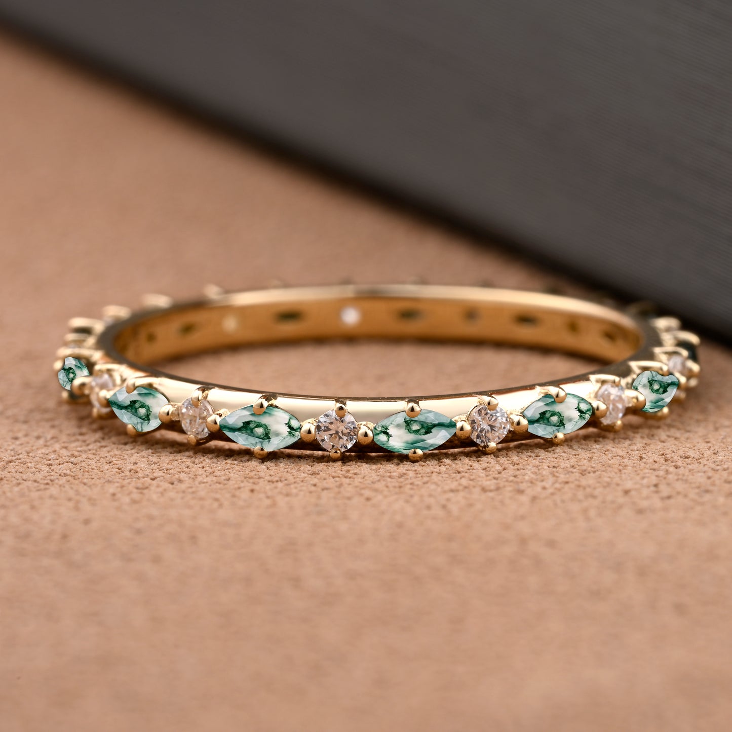 Unique Marquise Moss Agate wedding band Rose gold moissanite wedding band women full eternity matching stacking ring Anniversary gift for her
