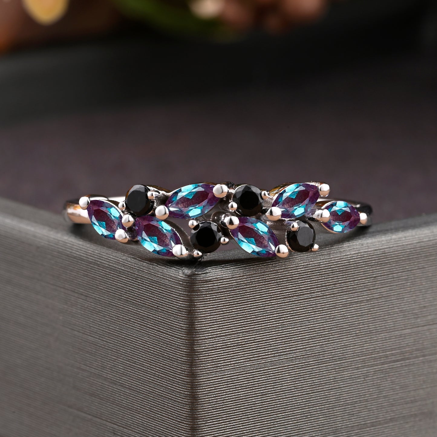 Unique Alexandrite Wedding Band Delicate Marquise Cut Alexandrite Gemstone Matching Band Vintage Black Onyx Stacking Promise Ring