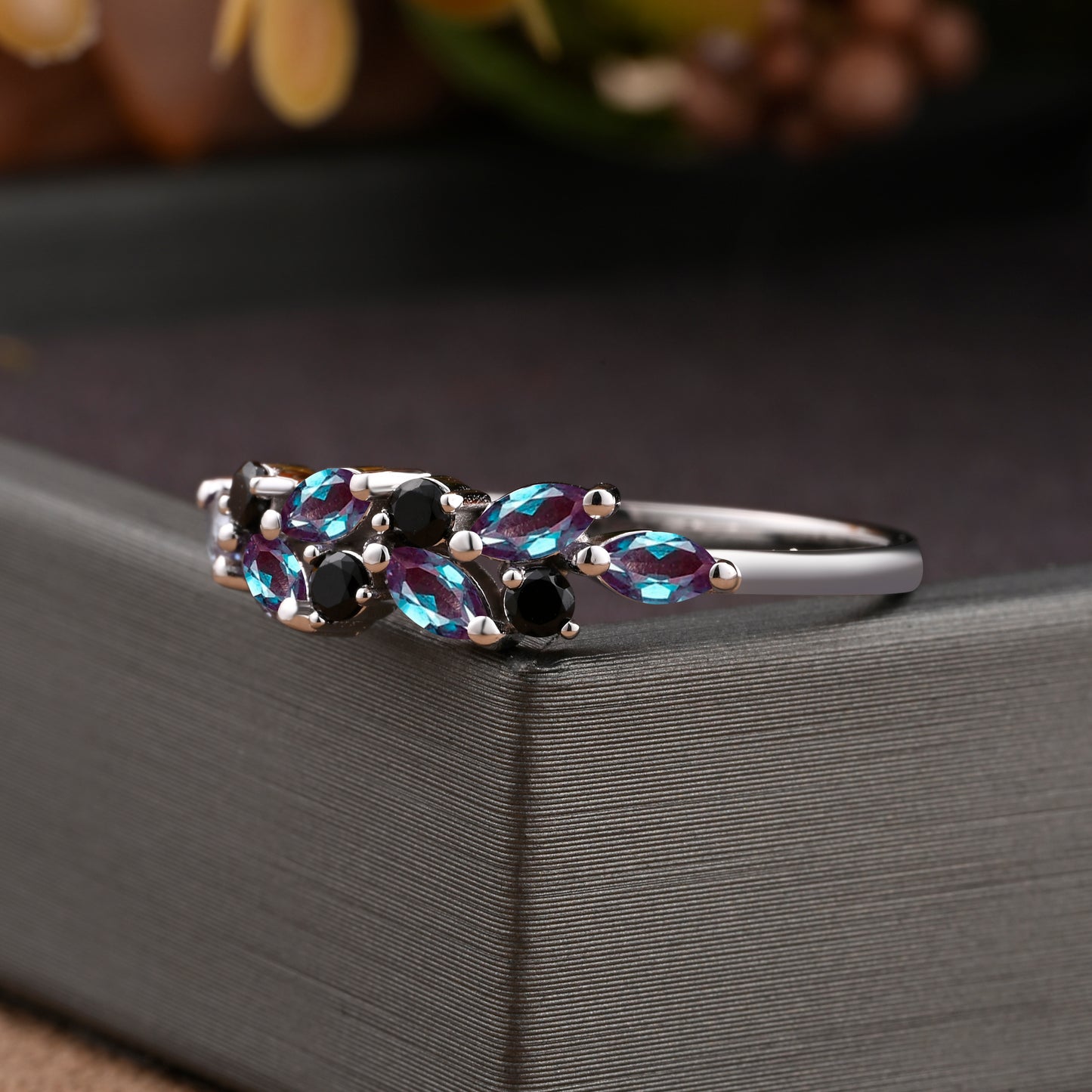 Unique Alexandrite Wedding Band Delicate Marquise Cut Alexandrite Gemstone Matching Band Vintage Black Onyx Stacking Promise Ring