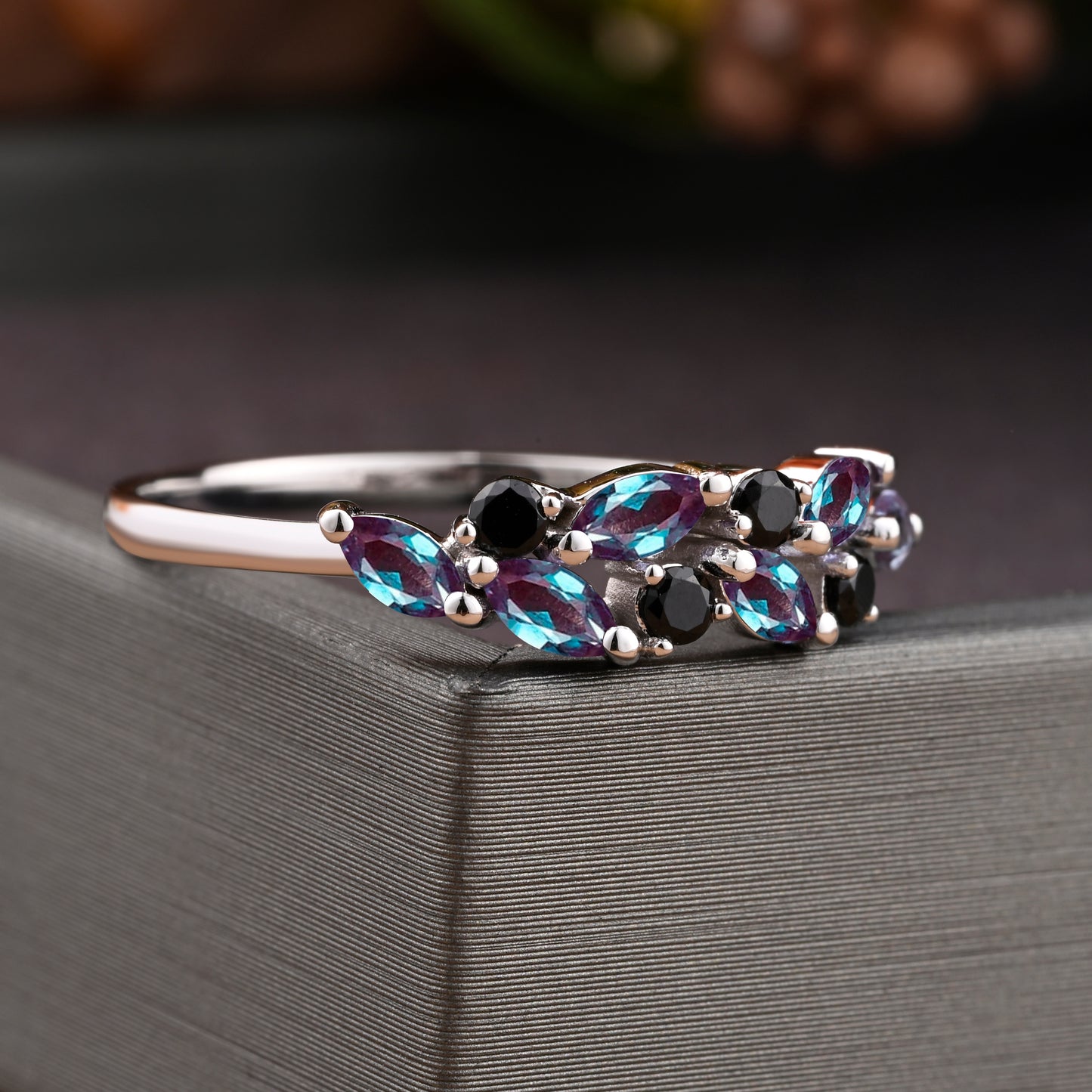 Unique Alexandrite Wedding Band Delicate Marquise Cut Alexandrite Gemstone Matching Band Vintage Black Onyx Stacking Promise Ring