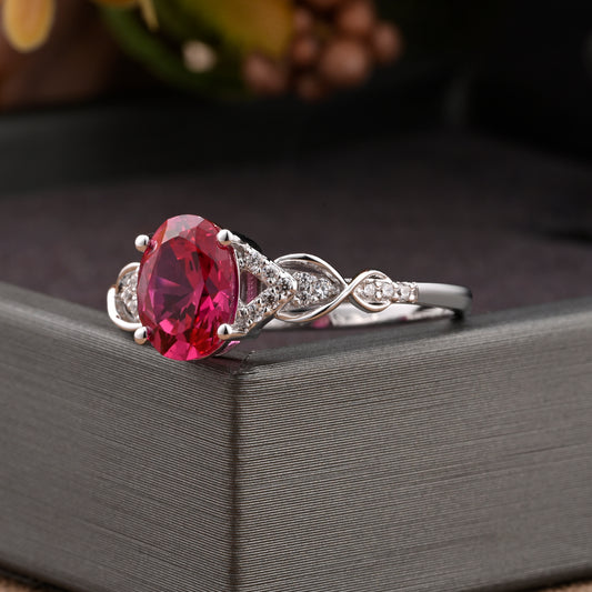 Oval Ruby Engagement Ring Vintage Sterling Silver Ring Women Moissanite Twisted Hollow Wedding Ring Bridal Promise Ring