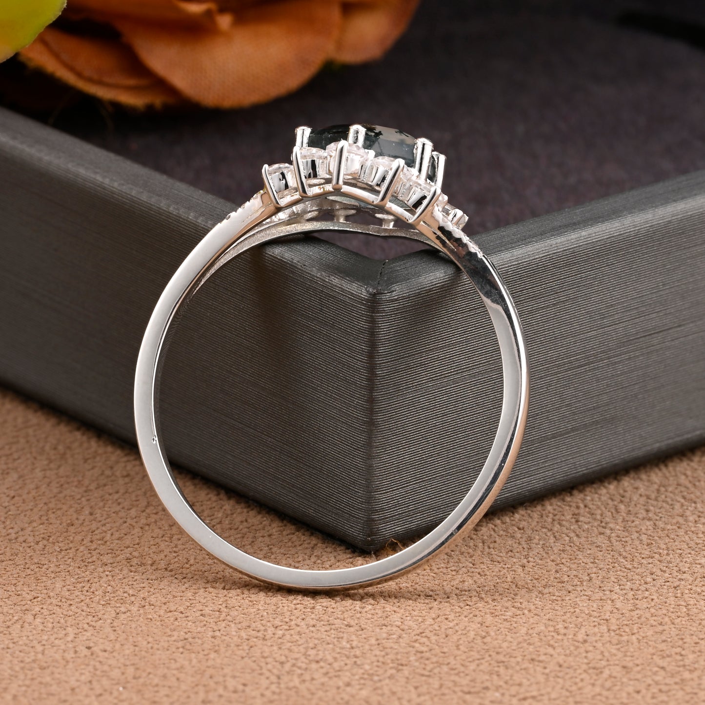 Vintage Moss Agate Engagement Ring Hexagon Shape Anniversary Ring Solid Gold Solitaire Unique Moss Agate Ring for Women