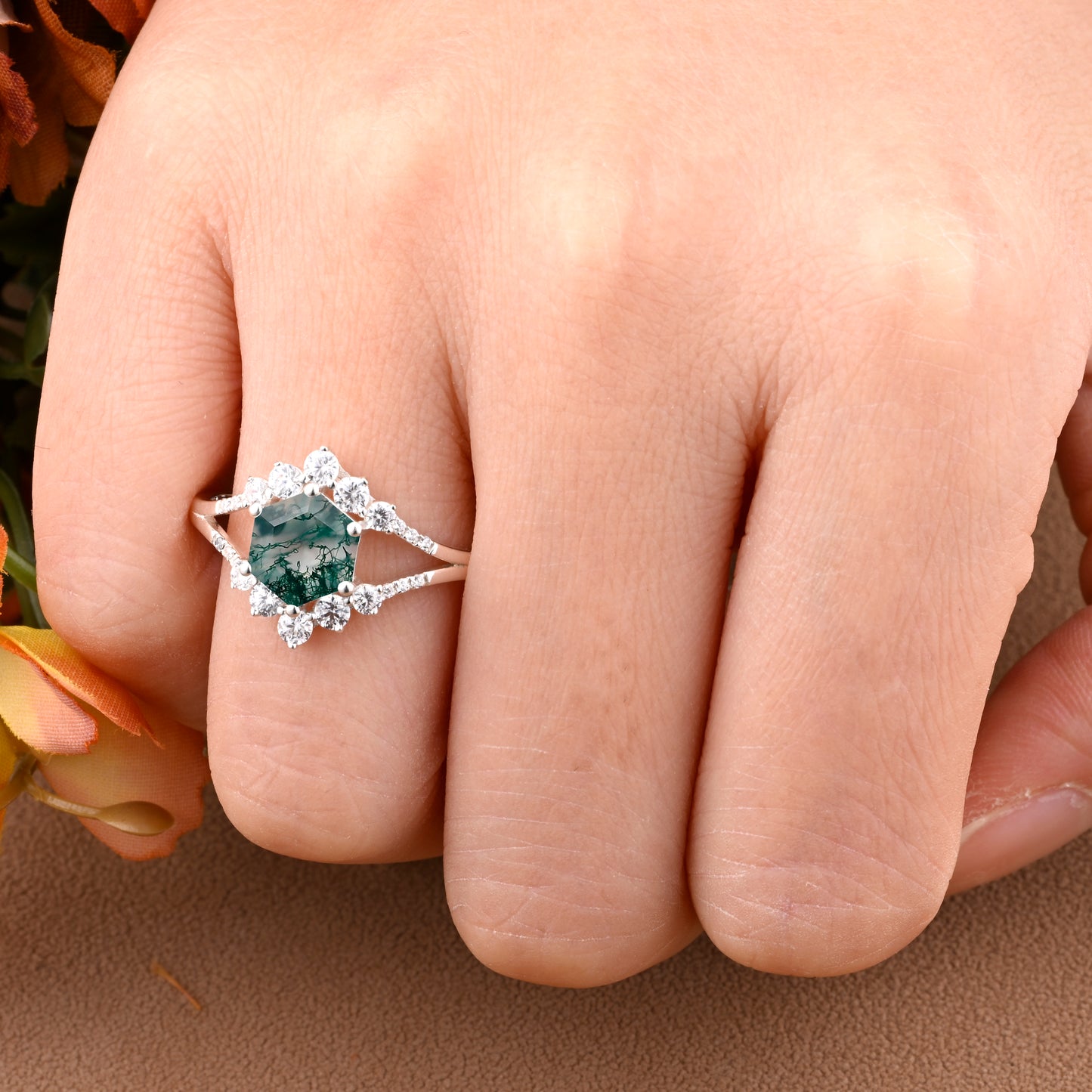 Vintage Moss Agate Engagement Ring Hexagon Shape Anniversary Ring Solid Gold Solitaire Unique Moss Agate Ring for Women