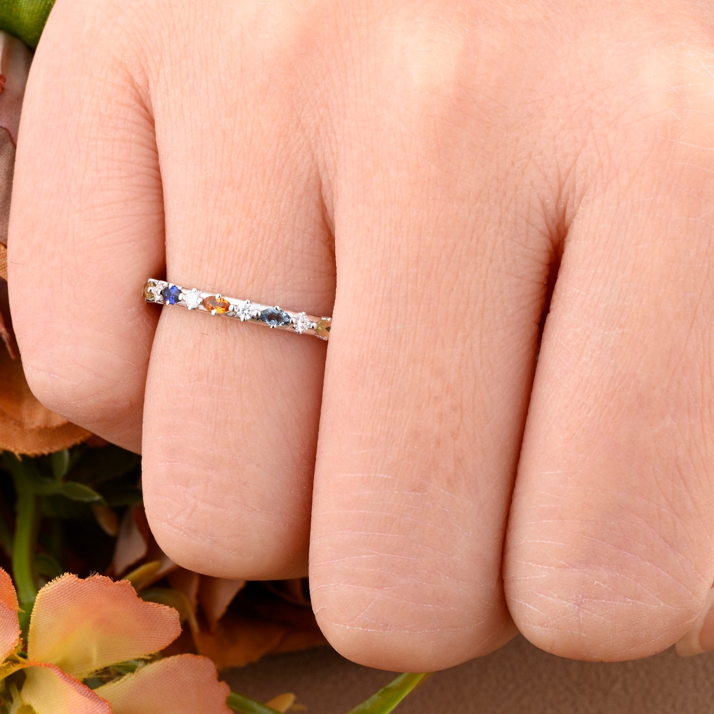 Unique Marquise wedding band Rose gold colorful wedding band women full eternity matching stacking ring Anniversary gift for her