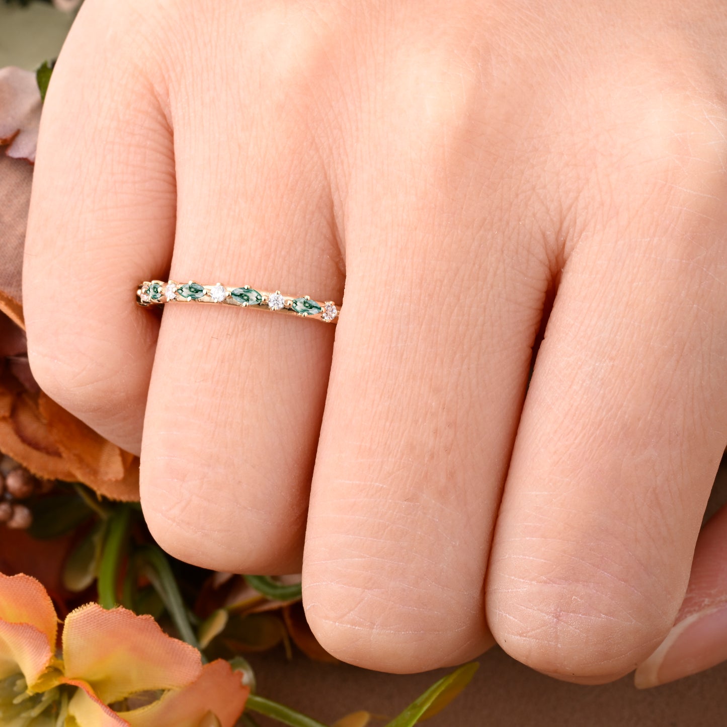 Unique Marquise Moss Agate wedding band Rose gold moissanite wedding band women full eternity matching stacking ring Anniversary gift for her