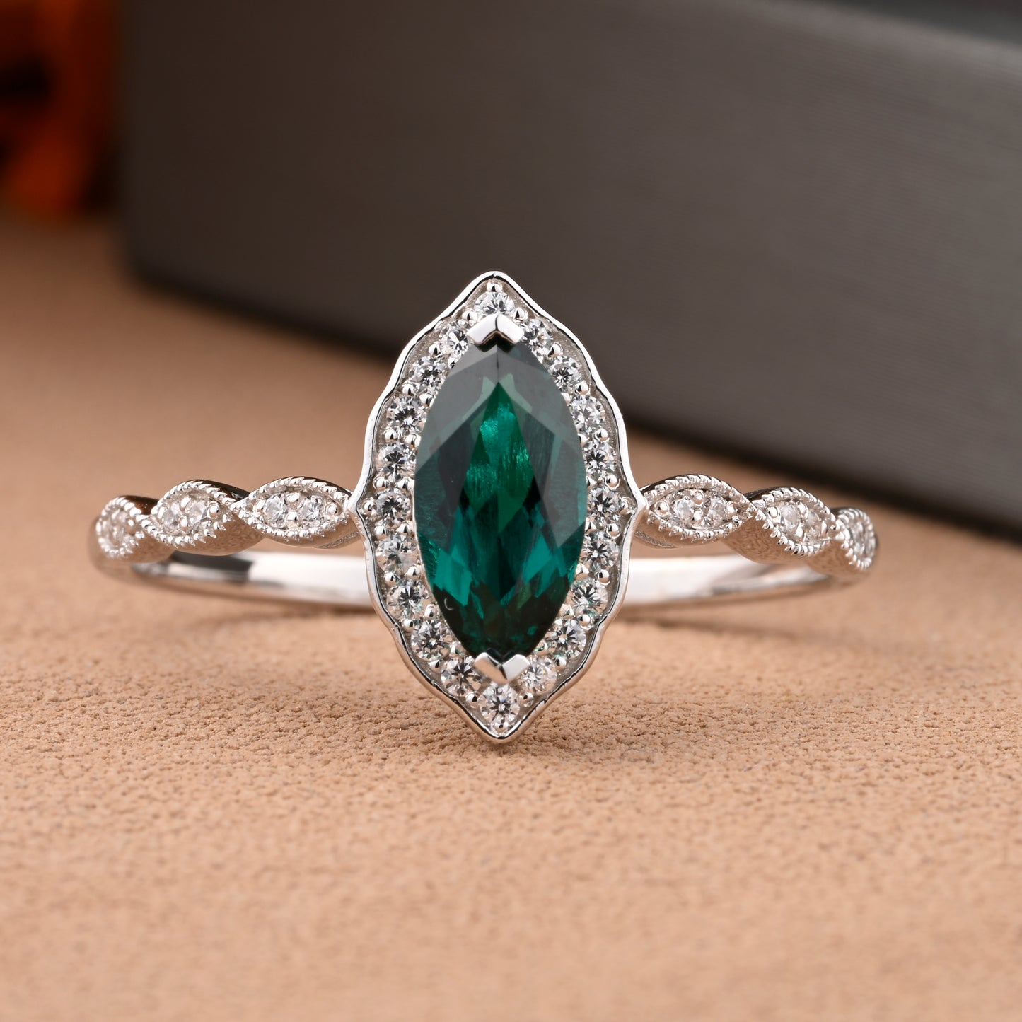 Marquise Emerald Engagement Ring Art Deco Emerald Wedding Ring Gemstone Bridal Ring 14k Gold Ring Unique Promise Anniversary Gift