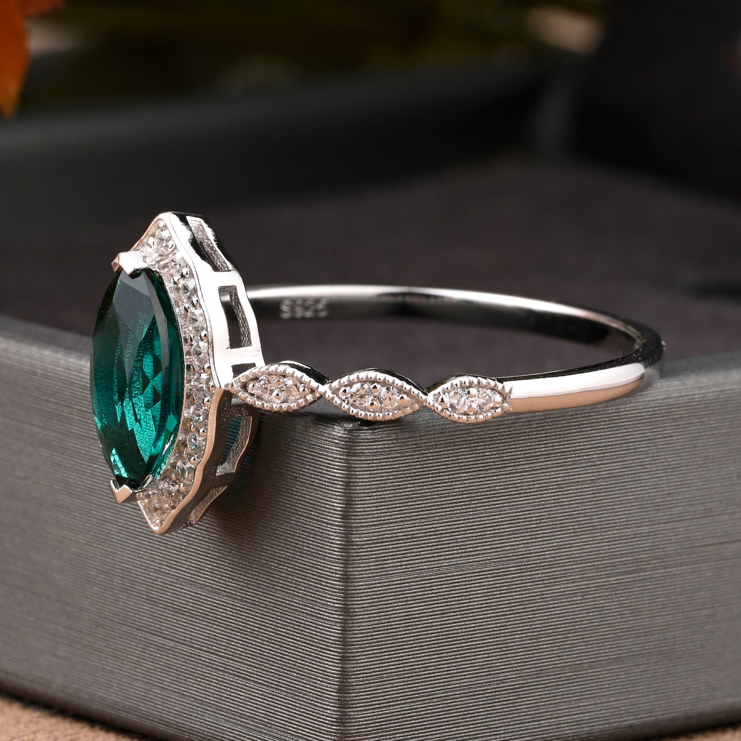 Marquise Emerald Engagement Ring Art Deco Emerald Wedding Ring Gemstone Bridal Ring 14k Gold Ring Unique Promise Anniversary Gift