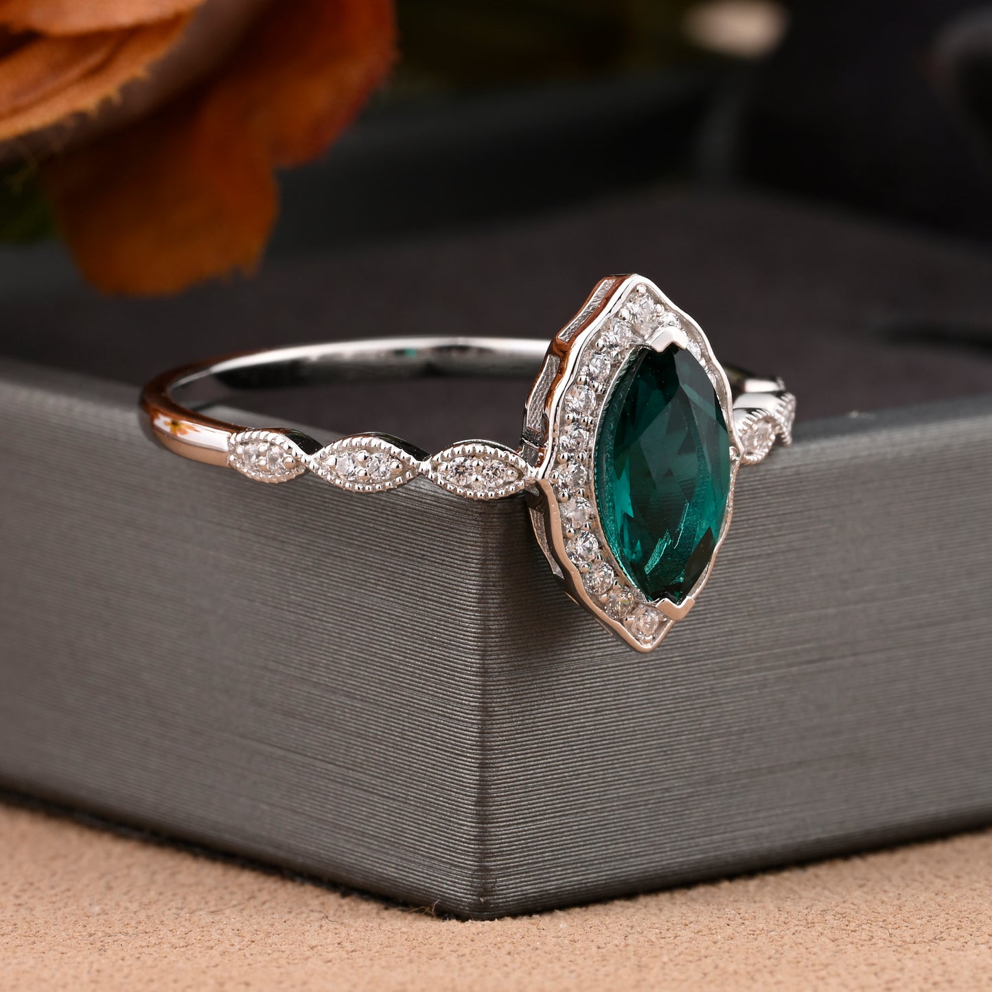 Marquise Emerald Engagement Ring Art Deco Emerald Wedding Ring Gemstone Bridal Ring 14k Gold Ring Unique Promise Anniversary Gift