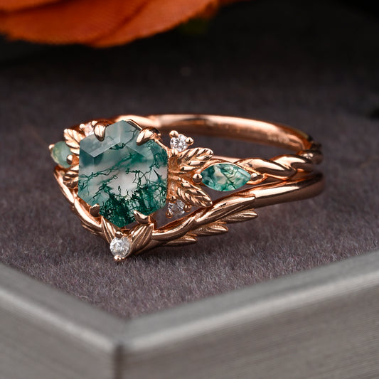 Vintage Moss Agate Engagement Ring Hexagon Cut Anniversary Ring Solid Gold Solitaire Unique Moss Agate Side Stone Ring for Women