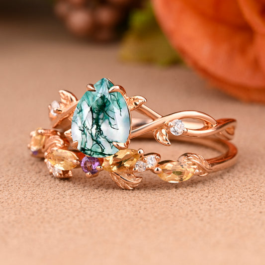 Vintage Pear Cut Moss Agate Engagement Ring Set Leaf Ring Art Deco Bridal Ring 18k Rose Gold Ring Set For Women Promise Bridal Ring Set
