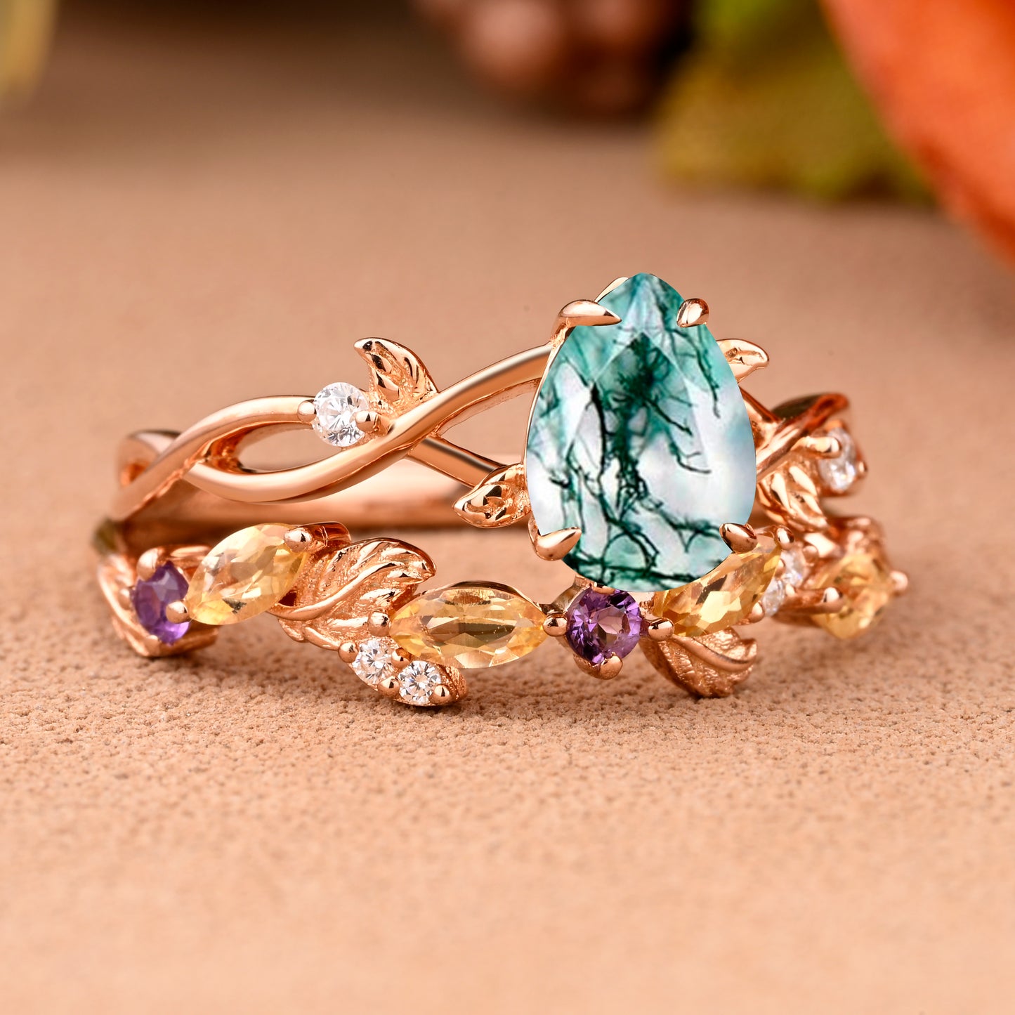Bague de fiançailles vintage en forme de poire avec aigue-marine, ensemble de bagues de mariage uniques, cadeau d'anniversaire