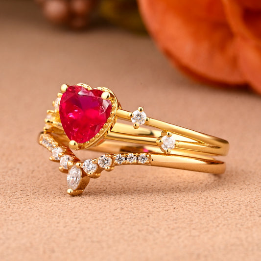 Vintage Heart Cut Ruby Enhancer Ring Set Unique Ruby Gemstone Promise Bridal Ring Set