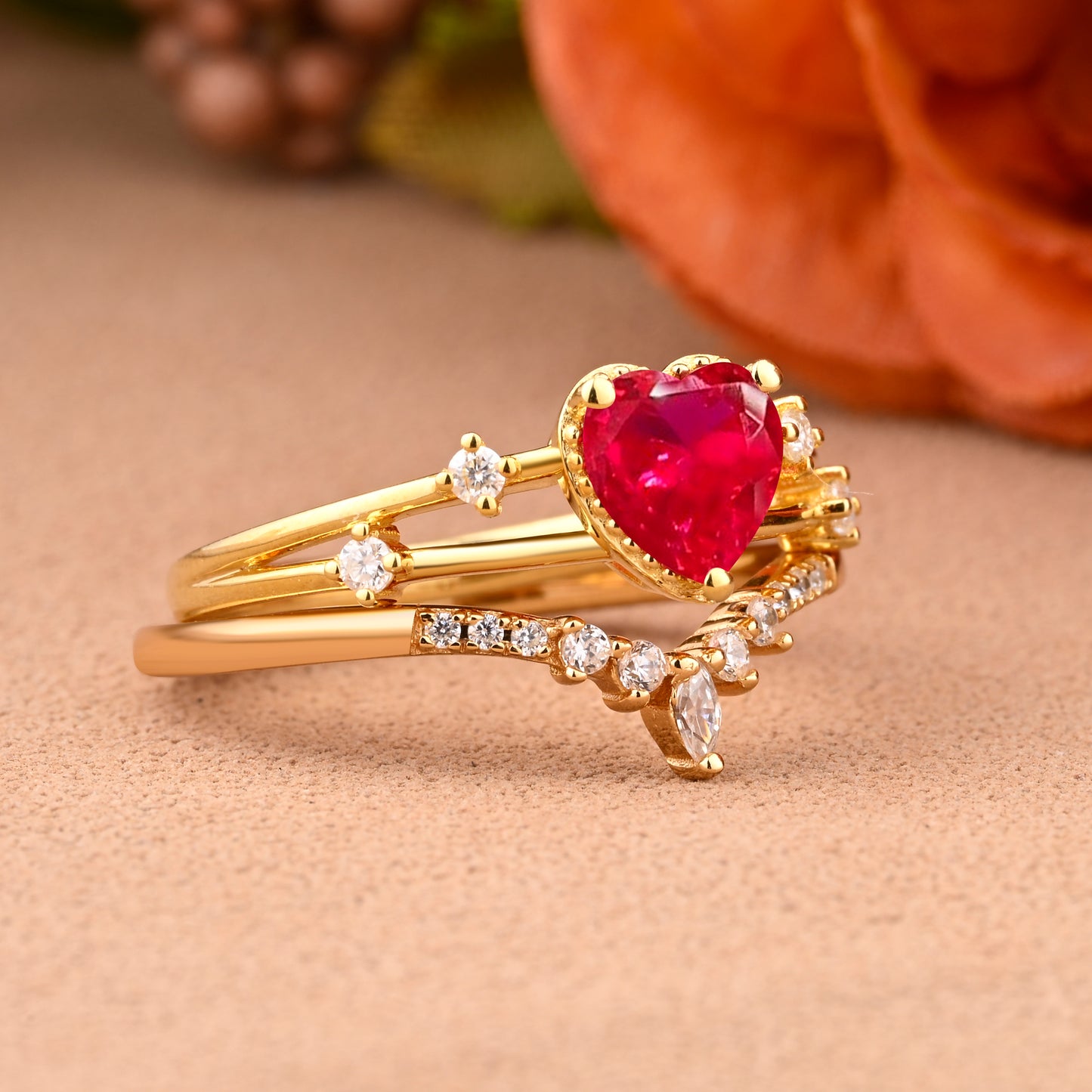 Vintage Heart Cut Ruby Enhancer Ring Set Unique Ruby Gemstone Promise Bridal Ring Set